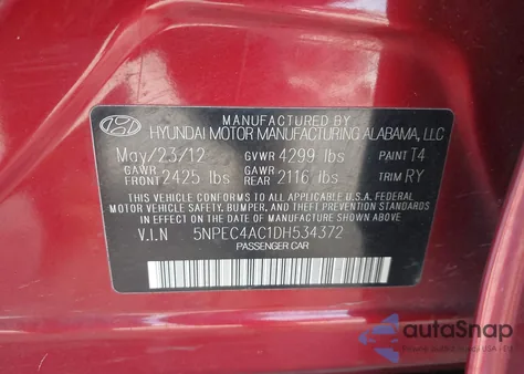 2013 Hyundai Sonata Se from USA, damaged, VIN 5NPEC4AC1DH534372